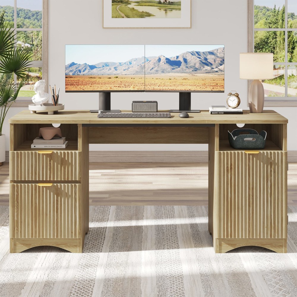 Bestier 60inW Fluted Executive Desk With Drawers/Cabinet, Natural MPN:H107215A-LOG