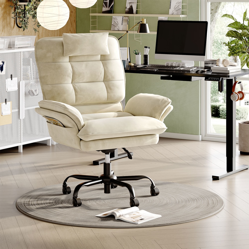 Bestier Ergonomic Velvet High-Back Swivel Executive Office Chair With Adjustable Padded Arms And Padded Headrest, Beige MPN:H200294B-BG