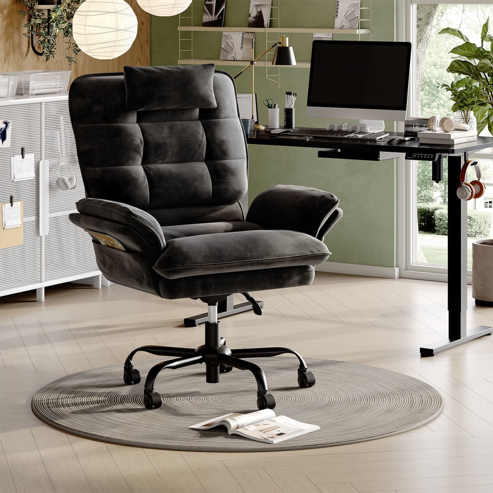 Bestier Ergonomic Velvet High-Back Swivel Executive Office Chair With Adjustable Padded Arms And Padded Headrest, Black MPN:H200294B-BLK