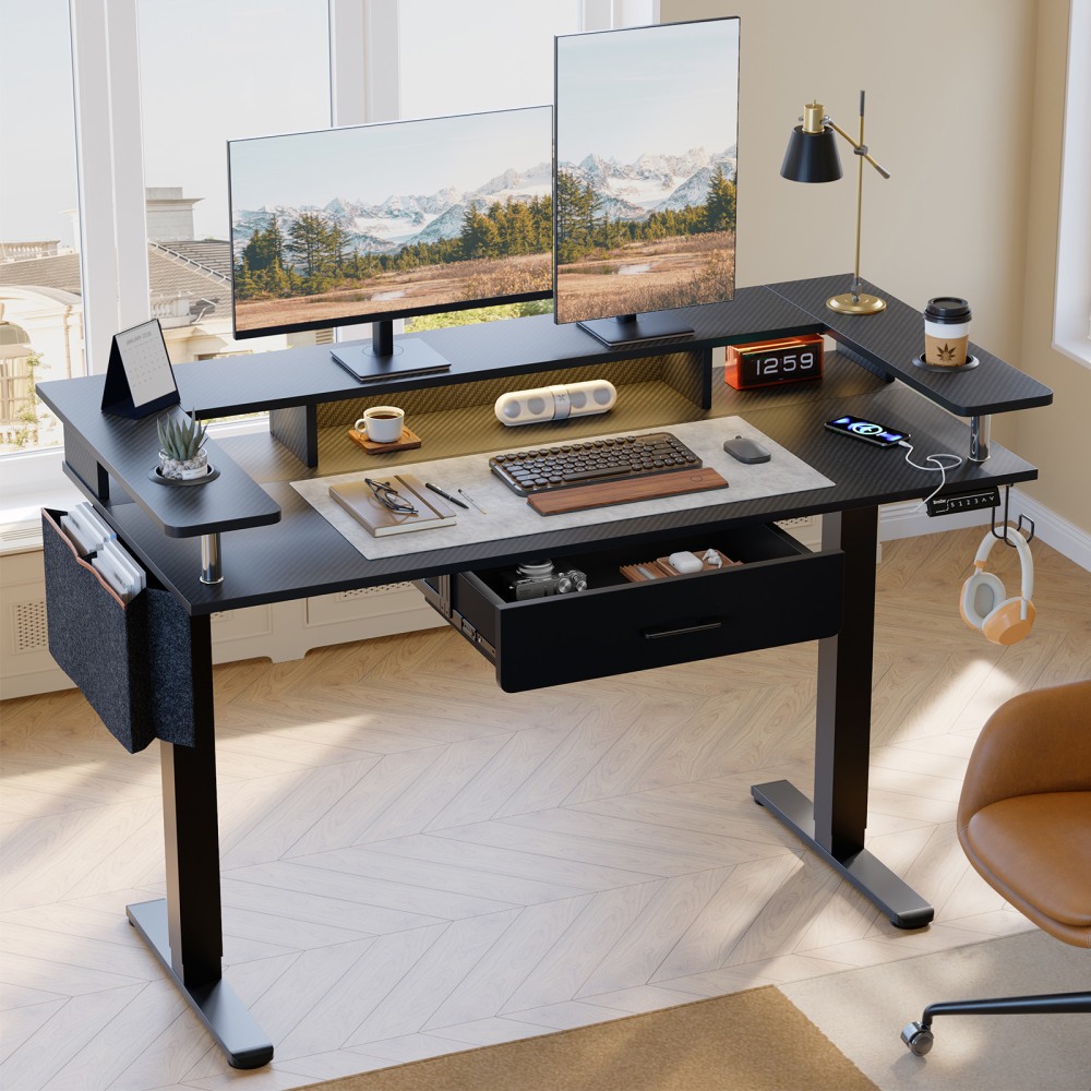Bestier 58inW Electric Adjustable Height Standing Desk With Monitor Riser, Carbon Fiber Black MPN:H1024147BUS-BDCF