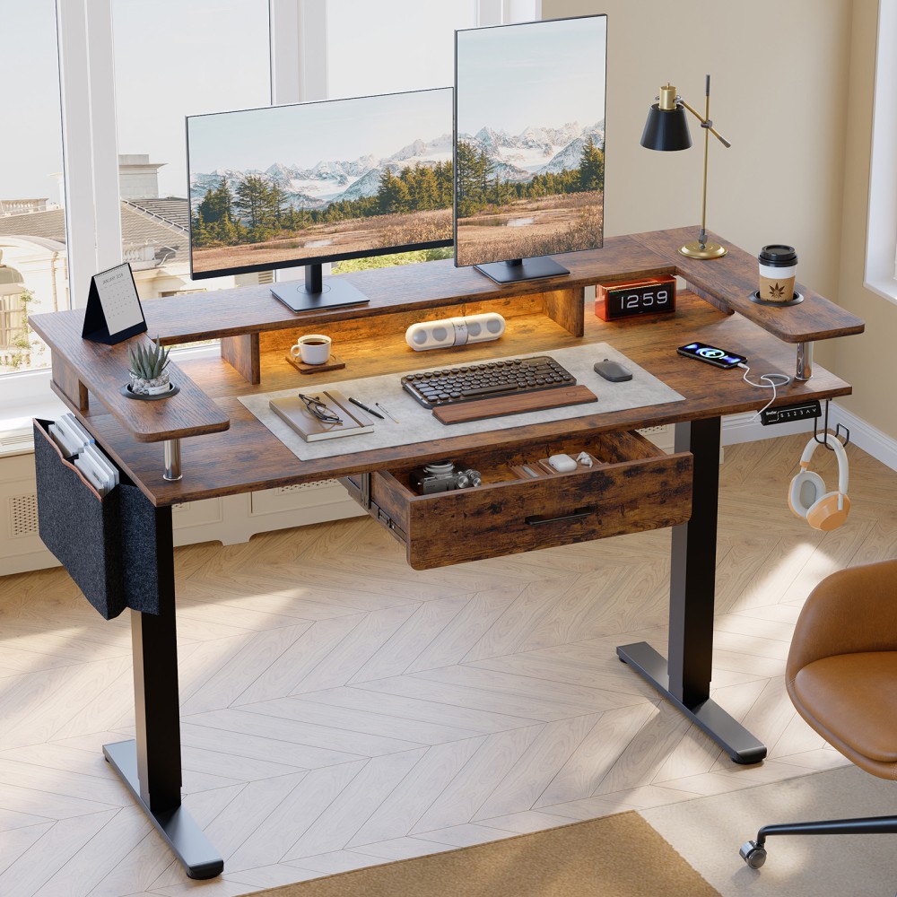 Bestier 59inW Electric Adjustable Height Standing Desk With Monitor Riser, Rustic Brown MPN:H1024147BUS-RST