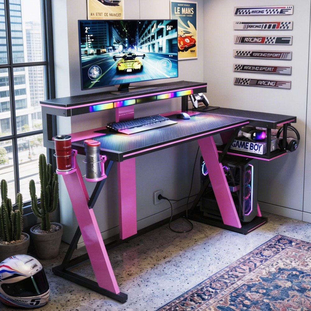 Bestier 58inW LED Gaming Computer Desk With Power Outlet, Black/Purple MPN:G200614SUS-BDGP