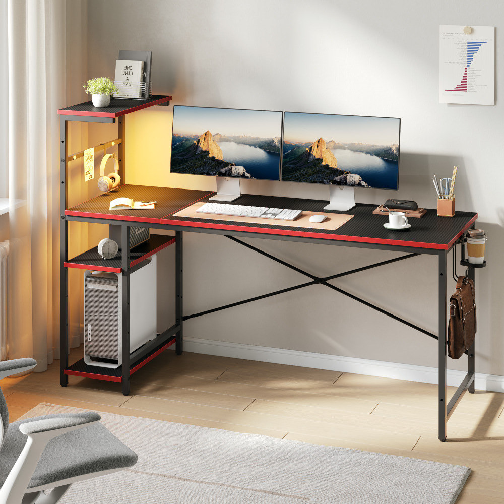 Bestier Gaming Computer Desk With RGB LED Lights And 4-Tier Storage Shelves, 61inW, Black Carbon Fiber MPN:H101115C-BDCF