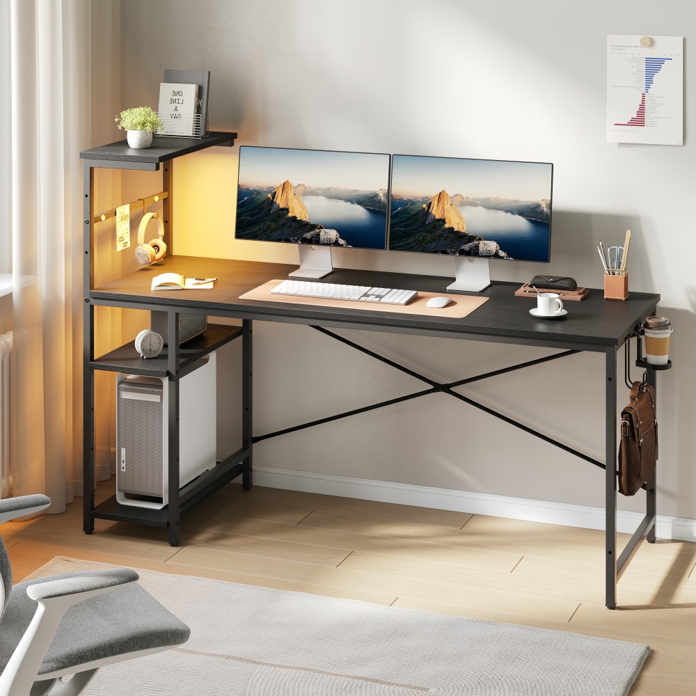 Bestier Gaming Computer Desk With RGB LED Lights And 4-Tier Storage Shelves, 61inW, Black Grained MPN:H101115C-BLKG