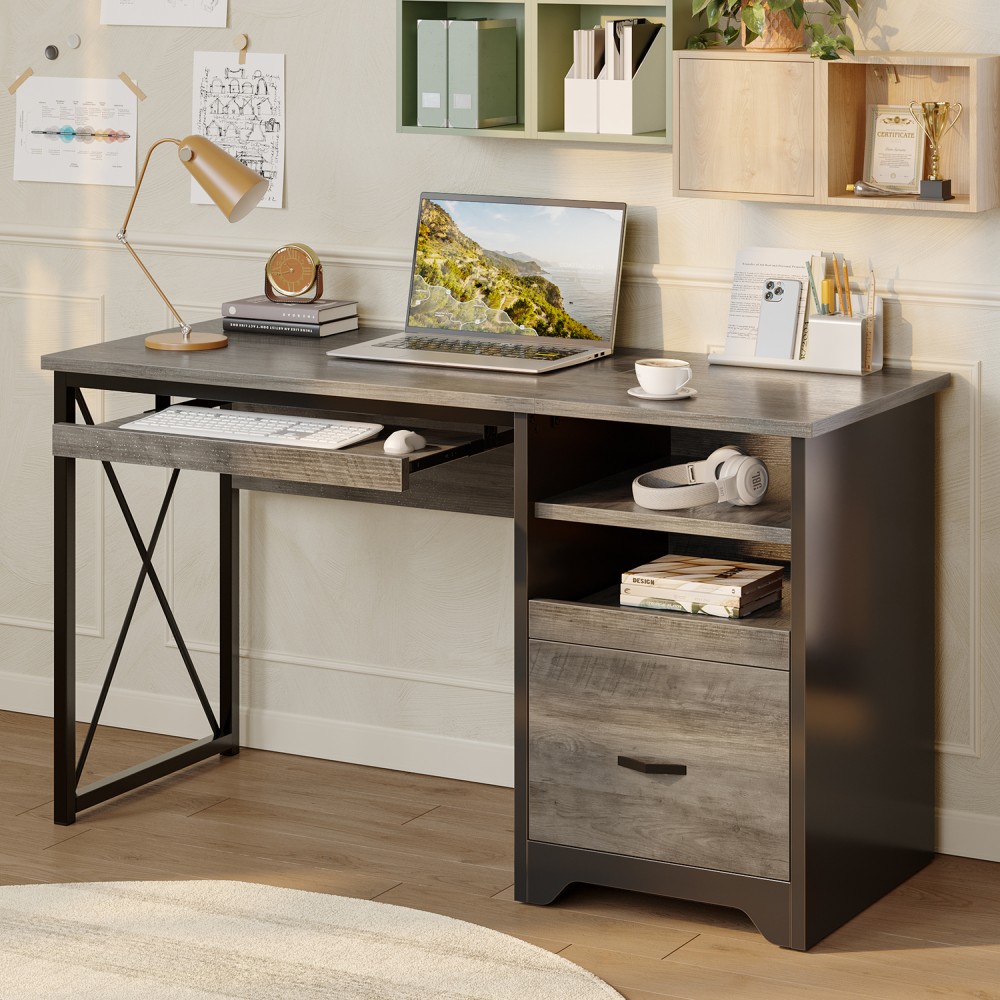 Bestier 48in Reversible Office Writing Computer Desk With File Drawer And Pull-Out Shelf, Gray MPN:H107012B-GRYW
