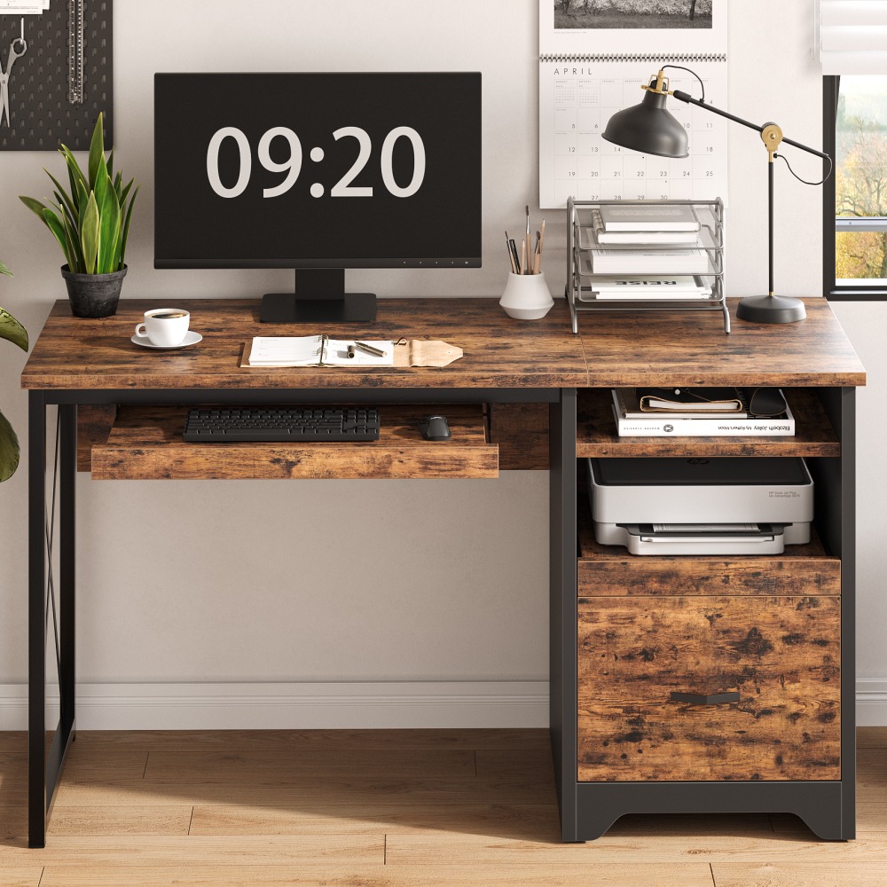 Bestier 48in Reversible Office Writing Computer Desk With File Drawer And Pull-Out Shelf, Rustic Brown MPN:H107012B-RST