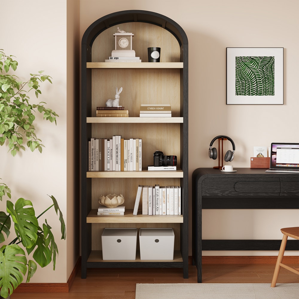 Bestier 76inH Tall 5-Shelf Arched Bookcase, Black MPN:H300576E-BLKG
