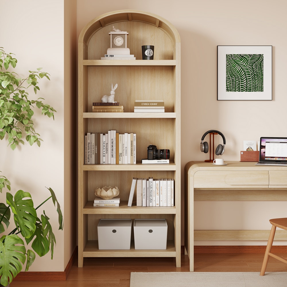 Bestier 76inH Tall 5-Shelf Arched Bookcase, Coastal Oak MPN:H300576E-LOG