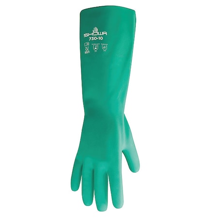 Chemical Resistant Gloves, Nitrile, 15 mil, 13 in L, Flock Lining, Bisque Texture, Green, Size 11, PR MPN:730-11