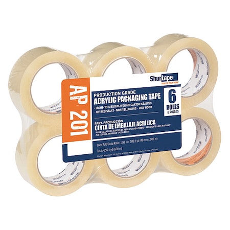 Packaging Tape, 48mm W, 100m L, 2 mil Thick, Clear, Standard Duty, 6PK MPN:232518