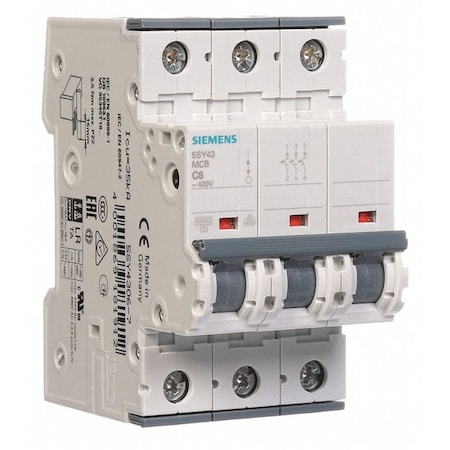 Circuit Breaker, 5SY4 Series, 6A, 3 Pole, 400V AC, 10kA at 400V AC, C Curve MPN:5SY43067