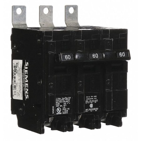Miniature Circuit Breaker, BL Series, 60A, 3 Pole, 240V AC, 22kA at 240V AC MPN:B360H