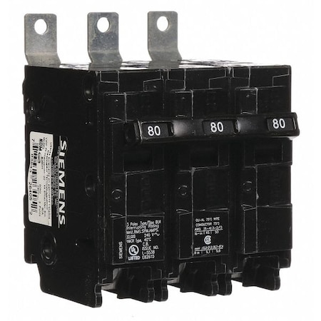 Miniature Circuit Breaker, BL Series, 80A, 3 Pole, 240V AC, 22kA at 240V AC MPN:B380H