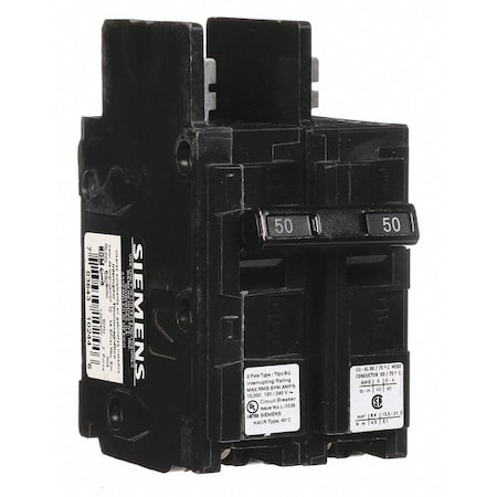Miniature Circuit Breaker, BQ Series, 50A, 2 Pole, 120/240V AC, 10kA at 120/240V AC MPN:BQ2B050