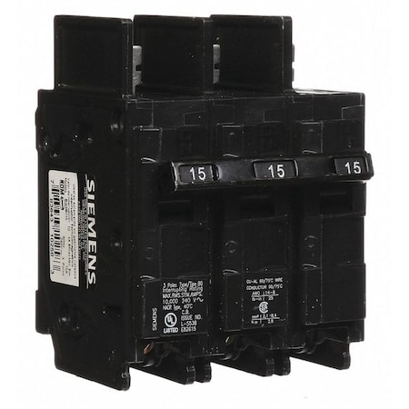 Miniature Circuit Breaker, BQ Series, 15A, 3 Pole, 240V AC, 10kA at 240V AC MPN:BQ3B015