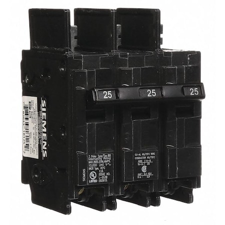 Miniature Circuit Breaker, BQ Series, 25A, 3 Pole, 240V AC, 10kA at 240V AC MPN:BQ3B025