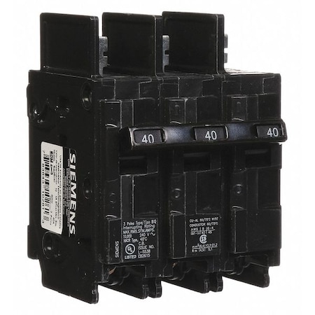 Miniature Circuit Breaker, BQ Series, 40A, 3 Pole, 240V AC, 10kA at 240V AC MPN:BQ3B040