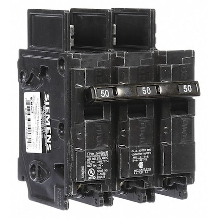 Miniature Circuit Breaker, BQ Series, 50A, 3 Pole, 240V AC, 10kA at 240V AC MPN:BQ3B050