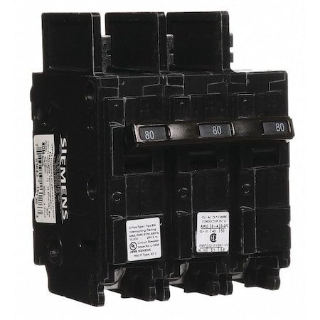 Miniature Circuit Breaker, BQ Series, 80A, 3 Pole, 240V AC, 10kA at 240V AC MPN:BQ3B080