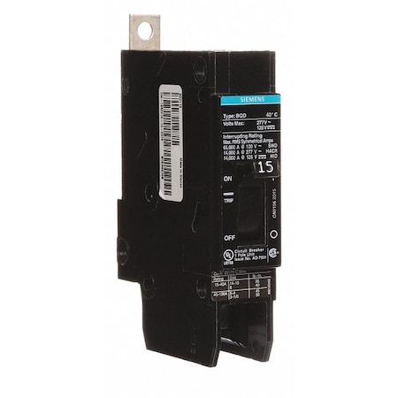 Miniature Circuit Breaker, BQD Series, 15A, 1 Pole, 277V AC, 14kA at 277V AC MPN:BQD115