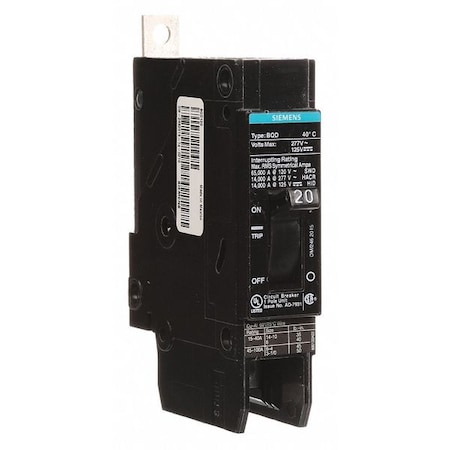 Miniature Circuit Breaker, BQD Series, 20A, 1 Pole, 277V AC, 14kA at 277V AC MPN:BQD120