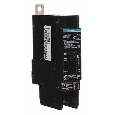 Miniature Circuit Breaker, BQD Series, 40A, 1 Pole, 277V AC, 14kA at 277V AC MPN:BQD140