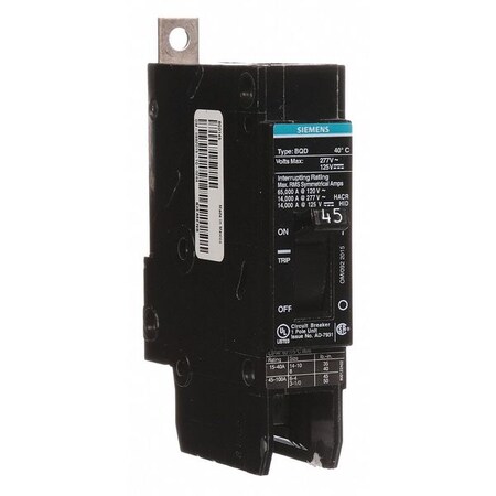 Miniature Circuit Breaker, BQD Series, 45A, 1 Pole, 277V AC, 14kA at 277V AC MPN:BQD145