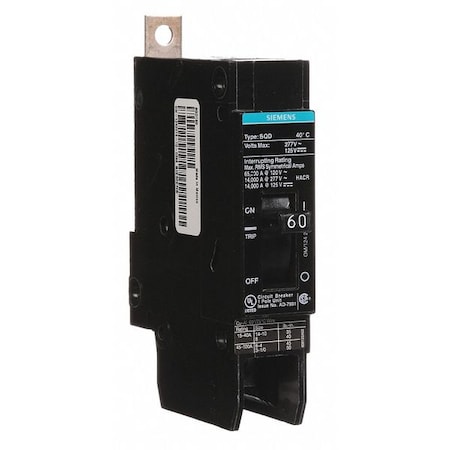 Miniature Circuit Breaker, BQD Series, 60A, 1 Pole, 277V AC, 14kA at 277V AC MPN:BQD160