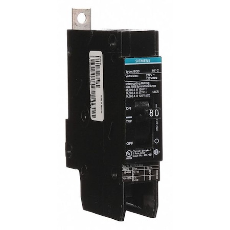 Miniature Circuit Breaker, BQD Series, 80A, 1 Pole, 277V AC, 14kA at 277V AC MPN:BQD180