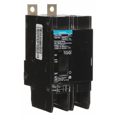 Miniature Circuit Breaker, BQD Series, 100A, 2 Pole, 480V AC, 14kA at 480V AC MPN:BQD2100