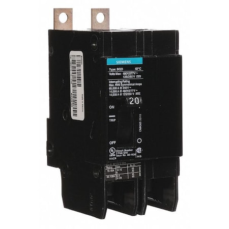 Miniature Circuit Breaker, BQD Series, 20A, 2 Pole, 480V AC, 14kA at 480V AC MPN:BQD220