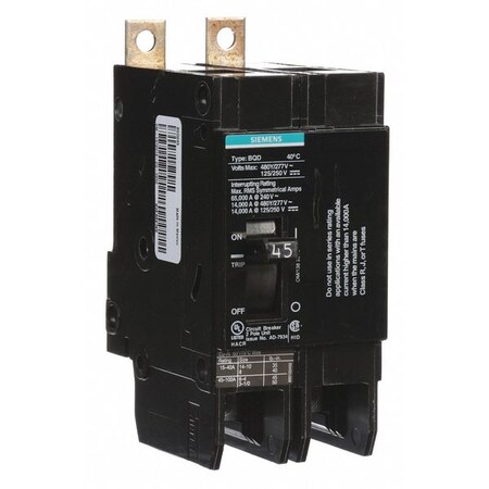 Miniature Circuit Breaker, BQD Series, 45A, 2 Pole, 480V AC, 14kA at 480V AC MPN:BQD245