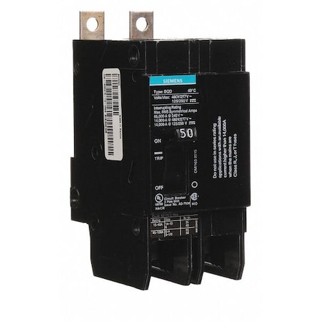 Miniature Circuit Breaker, BQD Series, 50A, 2 Pole, 480V AC, 14kA at 480V AC MPN:BQD250