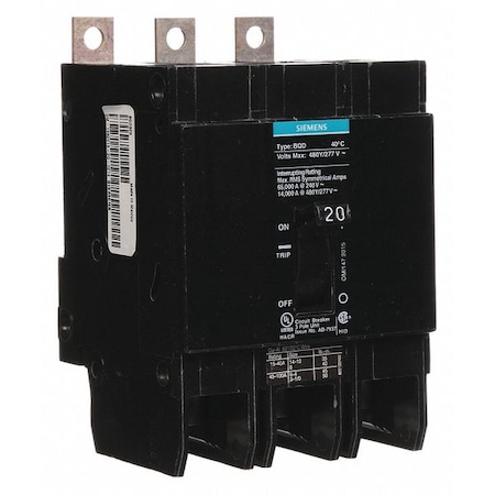 Miniature Circuit Breaker, BQD Series, 20A, 3 Pole, 480V AC, 14kA at 480V AC MPN:BQD320