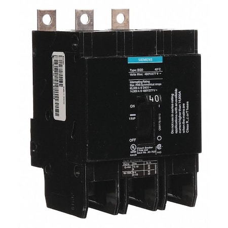 Miniature Circuit Breaker, BQD Series, 40A, 3 Pole, 480V AC, 14kA at 480V AC MPN:BQD340