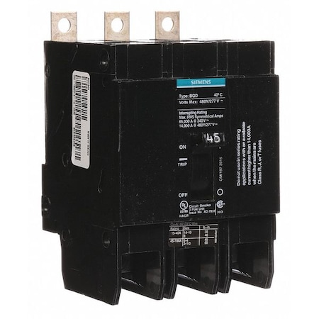 Miniature Circuit Breaker, BQD Series, 45A, 3 Pole, 480V AC, 14kA at 480V AC MPN:BQD345