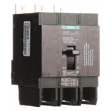 Miniature Circuit Breaker, BQD Series, 60A, 3 Pole, 480V AC, 14kA at 480V AC MPN:BQD360