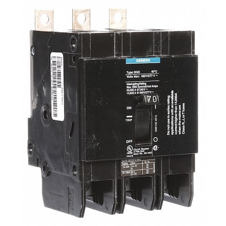 Miniature Circuit Breaker, BQD Series, 70A, 3 Pole, 480V AC, 14kA at 480V AC MPN:BQD370