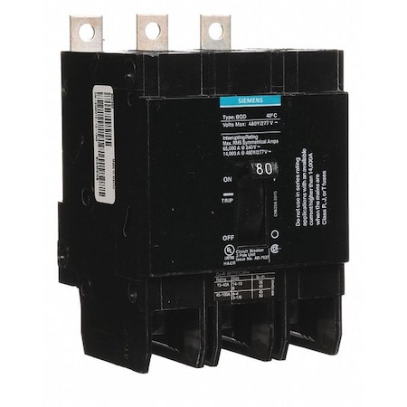 Miniature Circuit Breaker, BQD Series, 80A, 3 Pole, 480V AC, 14kA at 480V AC MPN:BQD380