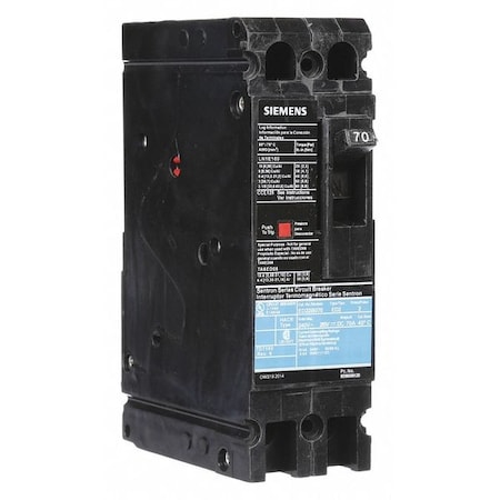 Molded Case Circuit Breaker, ED2 Series, 70A, 2 Pole, 240V AC, 10kA at 240V AC MPN:ED22B070