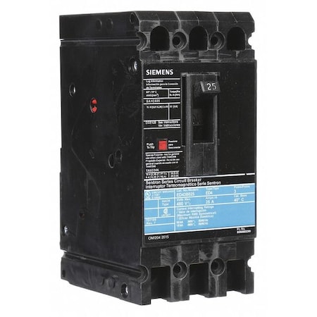 Molded Case Circuit Breaker, ED4 Series, 25A, 3 Pole, 480V AC, 18kA at 480V AC MPN:ED43B025