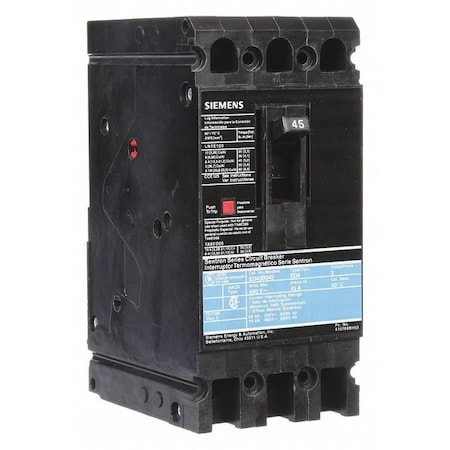 Molded Case Circuit Breaker, ED4 Series, 45A, 3 Pole, 480V AC, 18kA at 480V AC MPN:ED43B045
