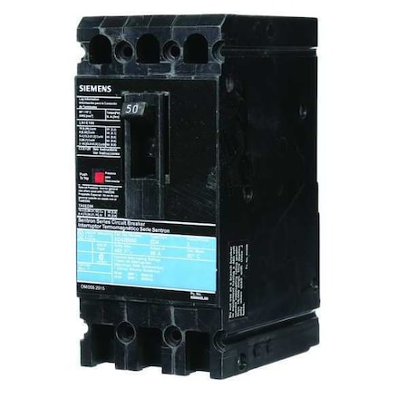 Molded Case Circuit Breaker, ED4 Series, 50A, 3 Pole, 480V AC, 18kA at 480V AC MPN:ED43B050