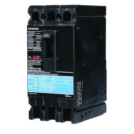 Molded Case Circuit Breaker, ED4 Series, 70A, 3 Pole, 480V AC, 18kA at 480V AC MPN:ED43B070