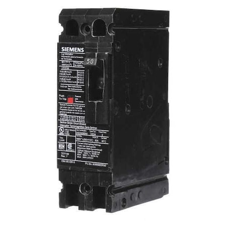 Molded Case Circuit Breaker, HED4 Series, 50A, 2 Pole, 480V AC, 42kA at 480V AC MPN:HED42B050
