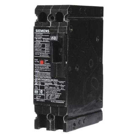 Molded Case Circuit Breaker, HED4 Series, 60A, 2 Pole, 480V AC, 42kA at 480V AC MPN:HED42B060