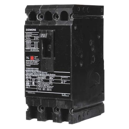 Molded Case Circuit Breaker, HED4 Series, 70A, 3 Pole, 480V AC, 42kA at 480V AC MPN:HED43B070
