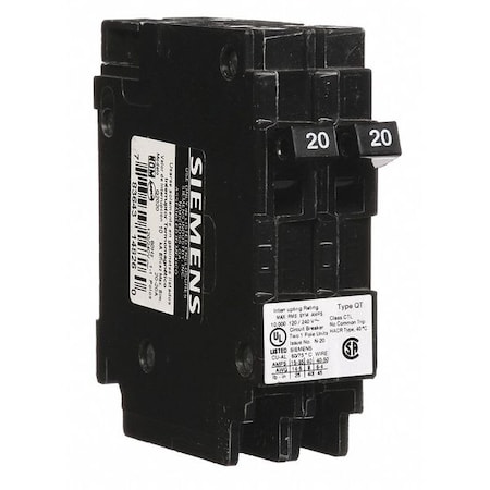 Miniature Circuit Breaker, Q Series, 20/20A, 1 Pole, 120/240V AC, 10kA at 120V AC MPN:Q2020