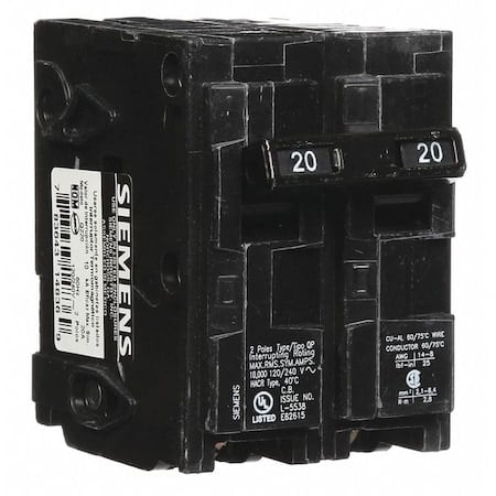 Miniature Circuit Breaker, Q Series, 20A, 2 Pole, 120/240V AC, 10kA at 120V AC MPN:Q220