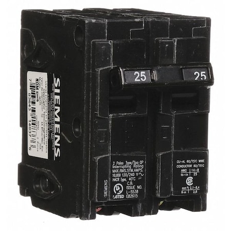 Miniature Circuit Breaker, Q Series, 25A, 2 Pole, 120/240V AC, 10kA at 120V AC MPN:Q225